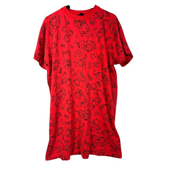 Zoo Crew 80s Red Puppy Dogs Long Night Shirt Cotton Stars Hearts Short Sleeve - Picture 1 of 9